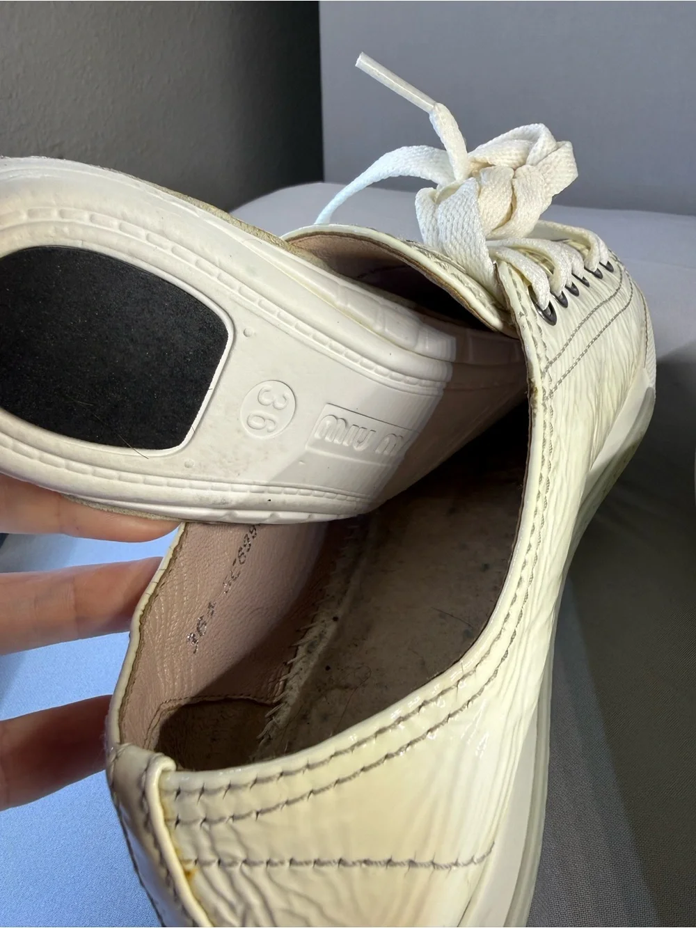 Miu Miu Cream Patent Leather Sneakers with Silver Toe Caps